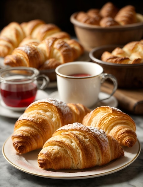 Vers gebakken gewone croissant Selectieve focus met thee en andere bakkerijartikelen op de achtergrond