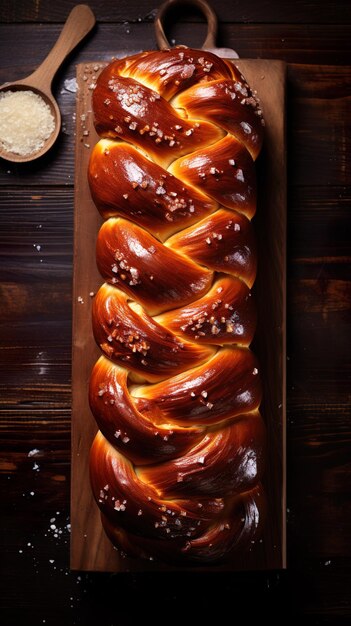 Vers gebakken Hanukkah Challah brood versierd met zaden met donkere achtergrond