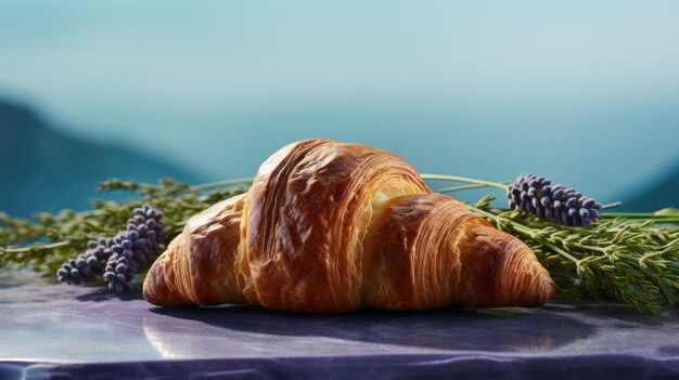 Vers gebakken heerlijke croissant met lavendelbloemen op de achtergrond van de berg in rustieke stijl