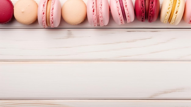 Vers gebakken Macaron-gebak Fotorealistische horizontale achtergrond Krokant gebak Gourmet Bakery Ai gegenereerde achtergrond met copyspace Traditioneel Macaron-gebak