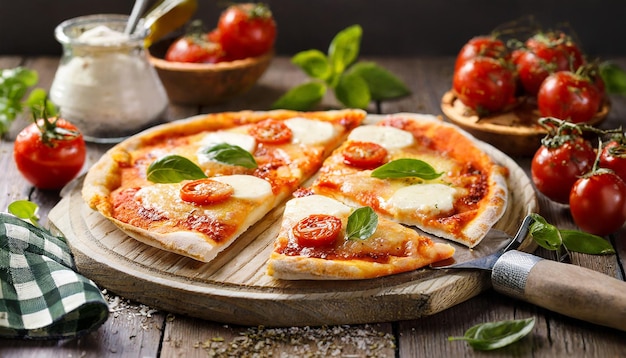 Vers gebakken pizza heerlijk om te genieten van rusten op een houten snijplank