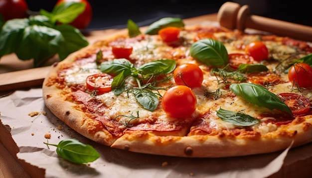 Vers gebakken pizza op houten tafel Italiaanse gourmet gegenereerd door AI