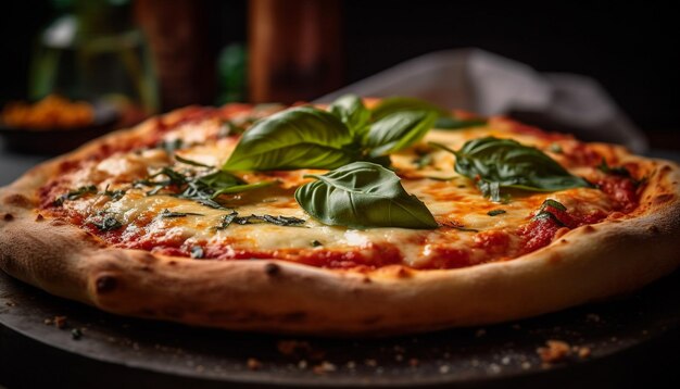 Vers gebakken pizza op rustieke houten tafel gegenereerd door AI