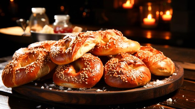 Vers gebakken pretzels op een rustieke houten tafel een gastronomische snack