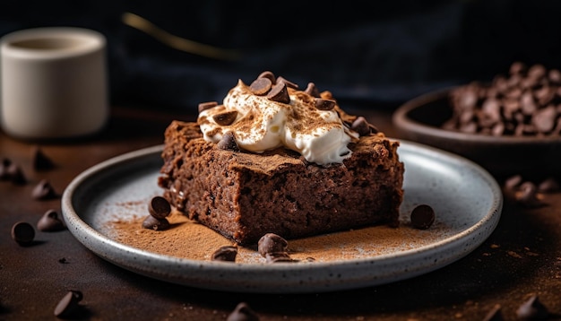 Vers gebakken zelfgemaakte chocolade brownie op een rustieke houten tafel gegenereerd door kunstmatige intelligentie