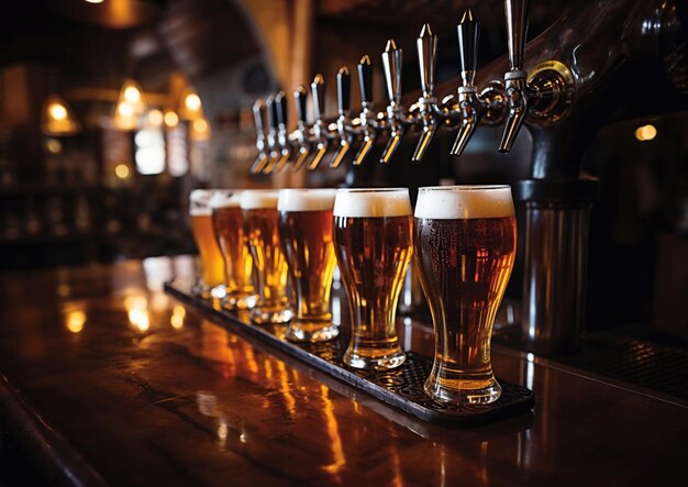 Vers gegoten glazen lager craft bier op de bar in de avond pubAI Generatieve