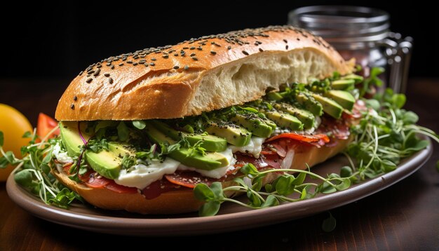 Vers gegrild vlees op ciabatta met salade avocado en tomaten gegenereerd door AI