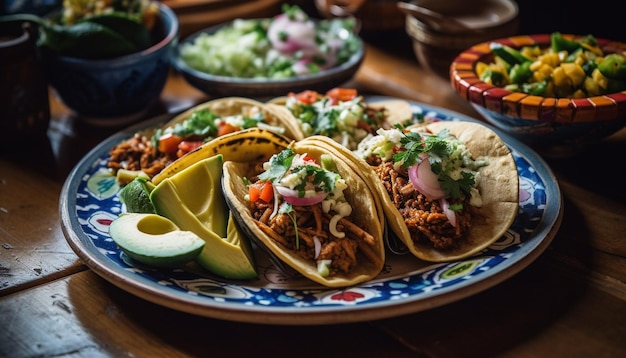 Vers gegrilde rundvlees- en groentetaco op een zelfgemaakte tortilla gegenereerd door kunstmatige intelligentie