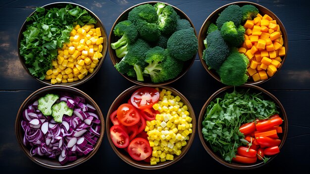 Vers gehakte groenten in kleurrijke schalen gerangschikt