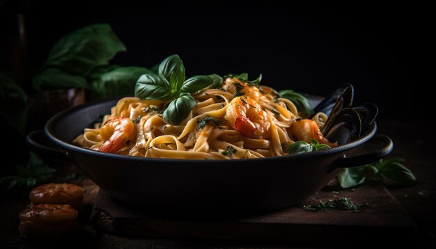 Vers gekookte gastronomische pastamaaltijd met zeevruchten en gezonde groenten, gegenereerd door kunstmatige intelligentie