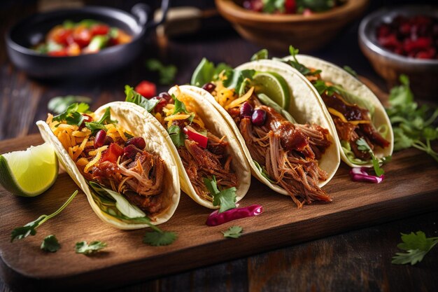 Vers gekookte gourmet rundvlees taco op een rustieke houten bord met cilantro