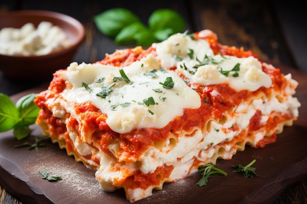 Foto vers gekookte lasagne met smeltende mozzarella kaas gegenereerd