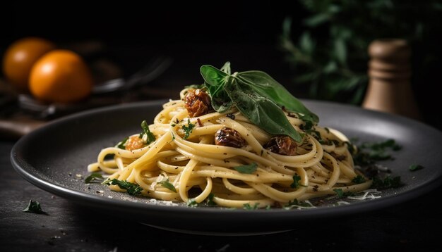 Vers gekookte linguini met hartige Bolognese saus en parmesan kaas gegenereerd door kunstmatige intelligentie