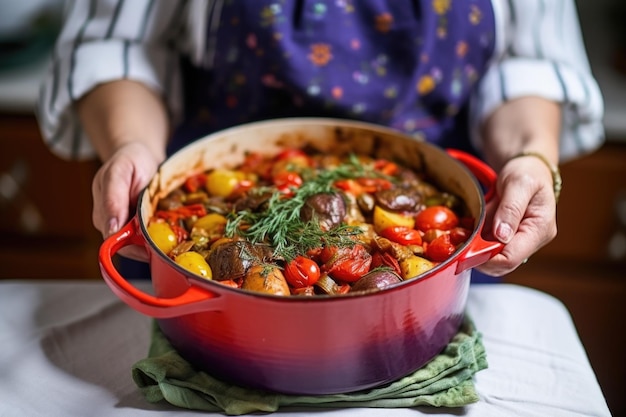 Foto vers gekookte ratatouille in de handen van een vrouw.