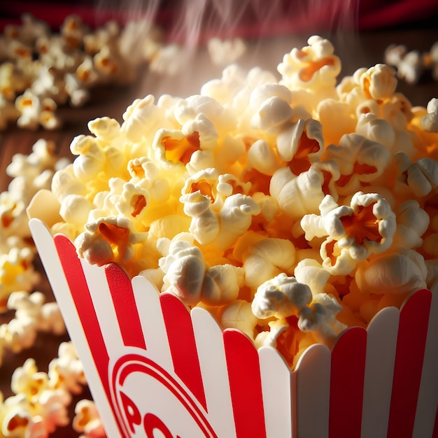 Vers gemaakt popcorn in een klassieke rode en witte gestreepte popcorncontainer