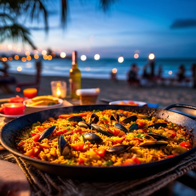 Foto vers gemaakte paella op de achtergrond van het feest in een wazige strand avond