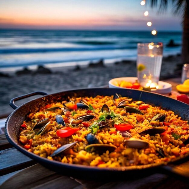 Foto vers gemaakte paella op de achtergrond van het feest in een wazige strand avond