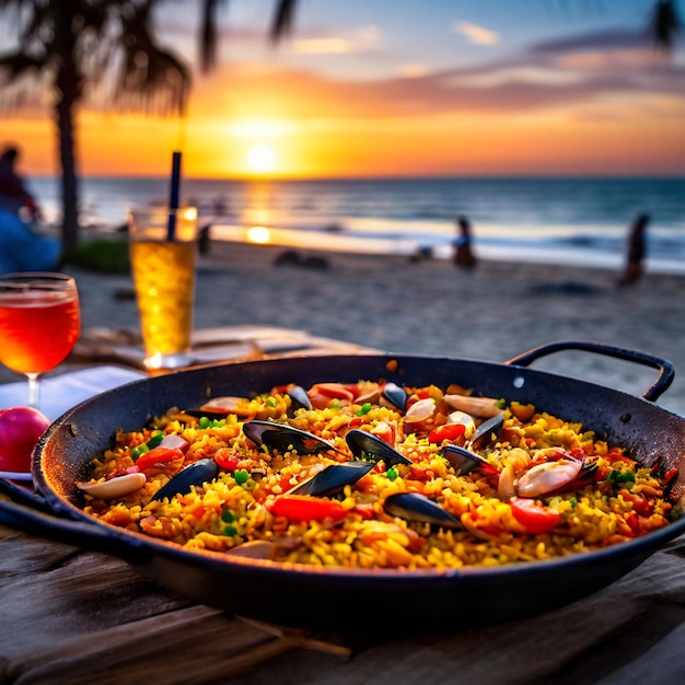 Foto vers gemaakte paella op de achtergrond van het feest in een wazige strand avond