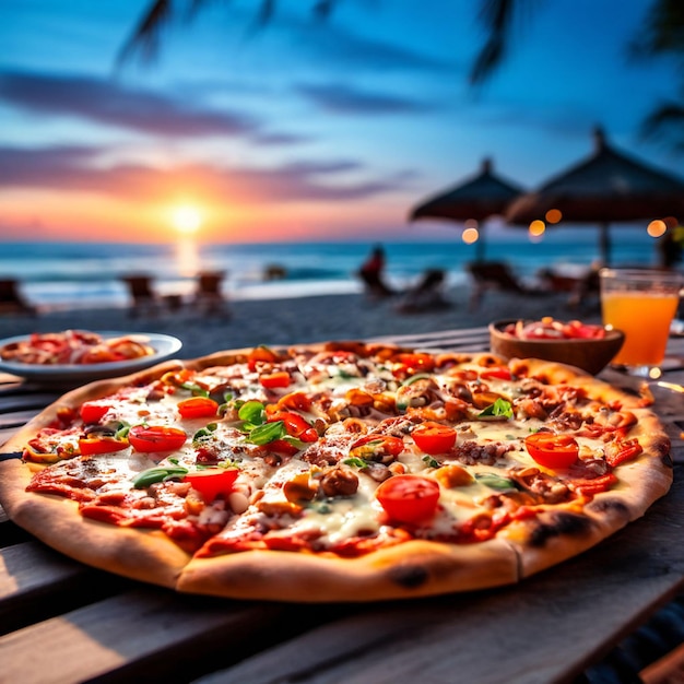 Foto vers gemaakte pizza op de achtergrond van het feest in een wazige strand avond