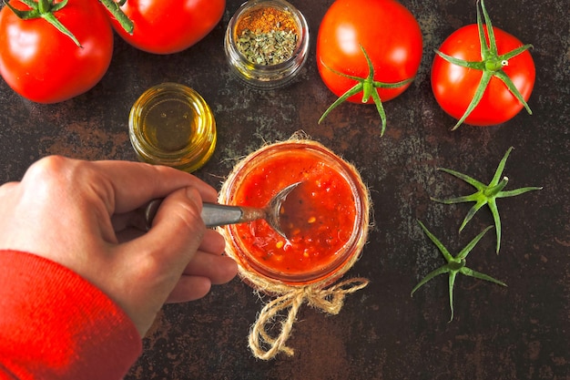 Vers gemaakte zelfgemaakte tomatensaus. Plat liggen. tomatensaus in een pot. Bovenaanzicht.