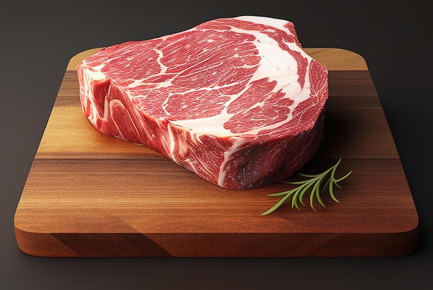 Vers gemarmerd vlees steak op een houten snijplank met een tak rozemarijn AI gegenereerd