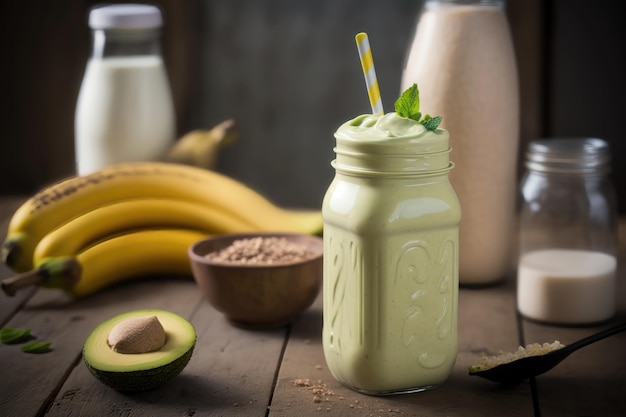 Vers gemengde bananen- en avocado-smoothie met yoghurt of melk in mason jar AI-generatie