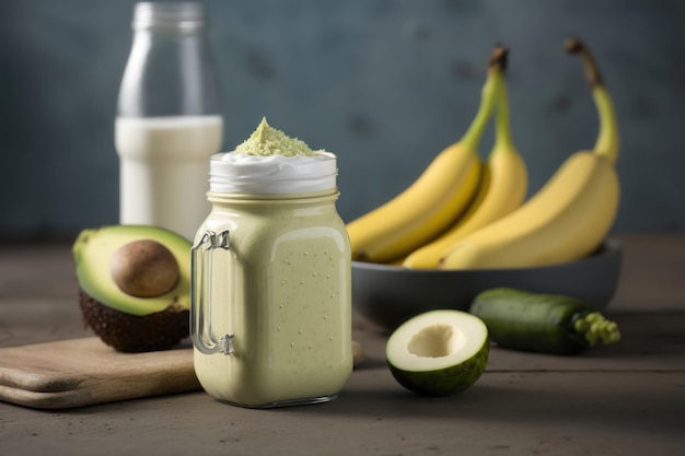 Vers gemengde bananen- en avocado-smoothie met yoghurt of melk in mason jar AI-generatie