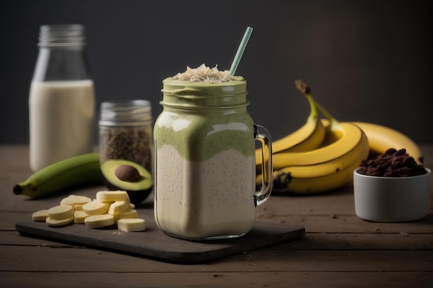 Vers gemengde bananen- en avocado-smoothie met yoghurt of melk in mason jar AI-generatie