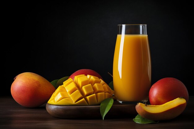 Vers geperst mango sap in een glas met rijpe mango's en kopieerruimte