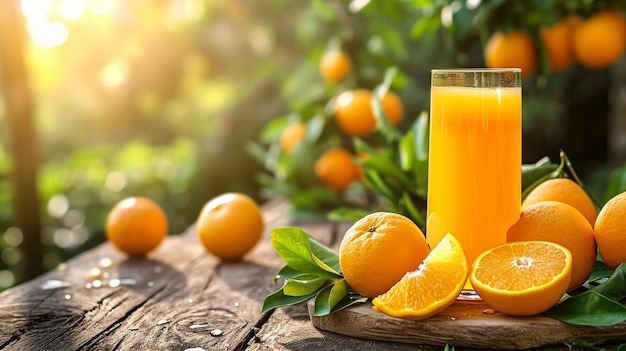 Vers geperst sinaasappelsap op een tuintafel selectieve focus Generatieve AI