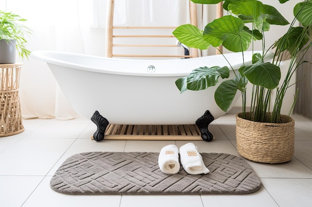 Vers geplaatste badmat vergezeld van een paar pluche pantoffels die handig naast de badkamer zijn geplaatst