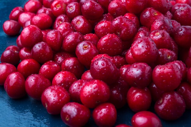 Vers geplukte kersen met druppels dauw en water op een donker blauwe stenen oppervlak. Het concept van oogsten. Plat lag, bovenaanzicht