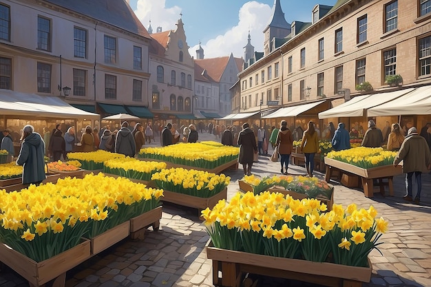 Vers geplukte narcissen Digitale schilderij van het marktplein