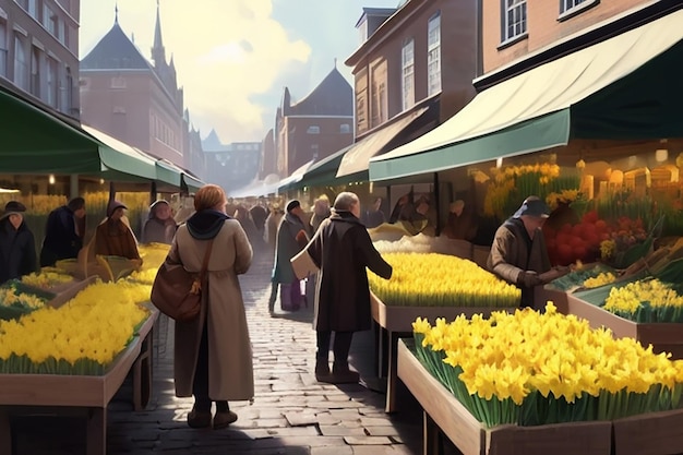 Vers geplukte narcissen Digitale schilderij van het marktplein