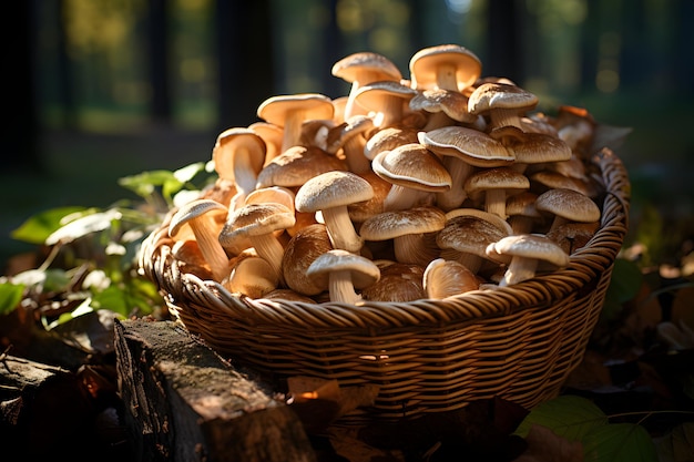 Foto vers geplukte paddenstoelen in een mand op de achtergrond van het herfstbos