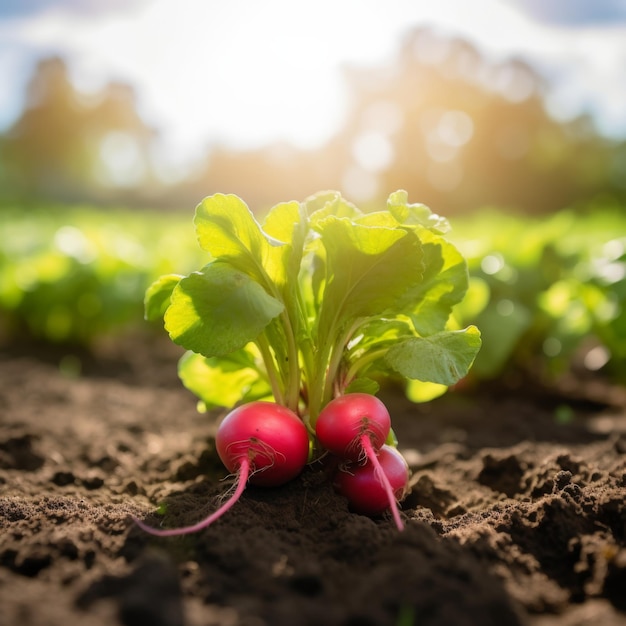 Vers geplukte radijs in een veld op een prachtige zonnige dag