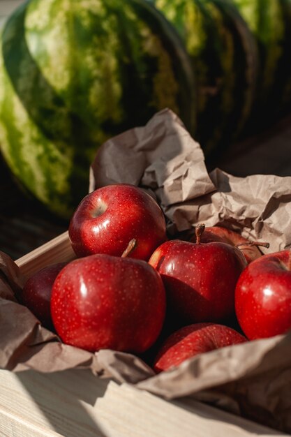 Vers geplukte rode appels in een houten kist op het gras. oogsten.