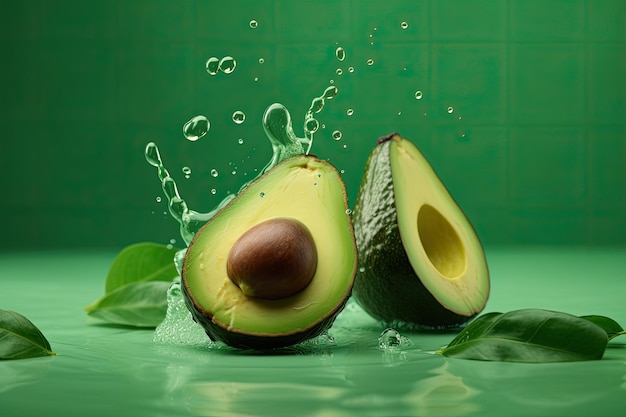 Vers gesneden avocado water vliegende groene achtergrond Creatief concept van gezonde vruchten generatieve IA