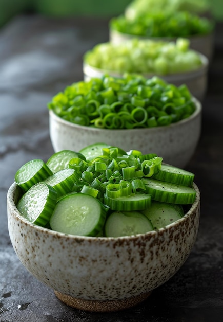 Vers gesneden komkommers en groene uien in een keramische schaal