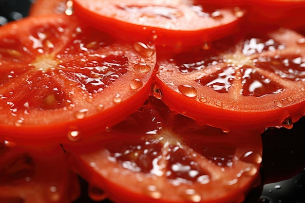 Vers gesneden rijpe rode tomaat met waterdruppels voor achtergrond close-up