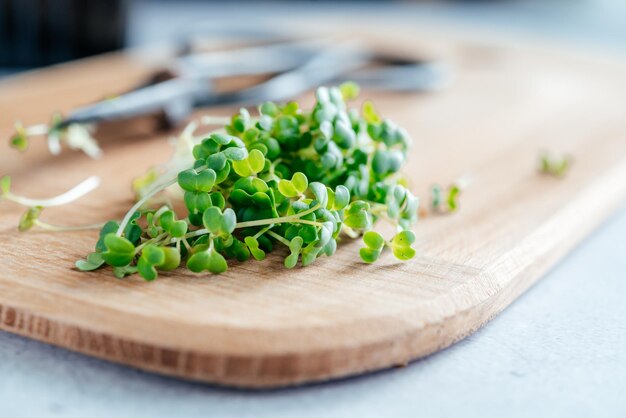 Vers gesneden rucola microgreens spruiten op de snijplank in de keuken