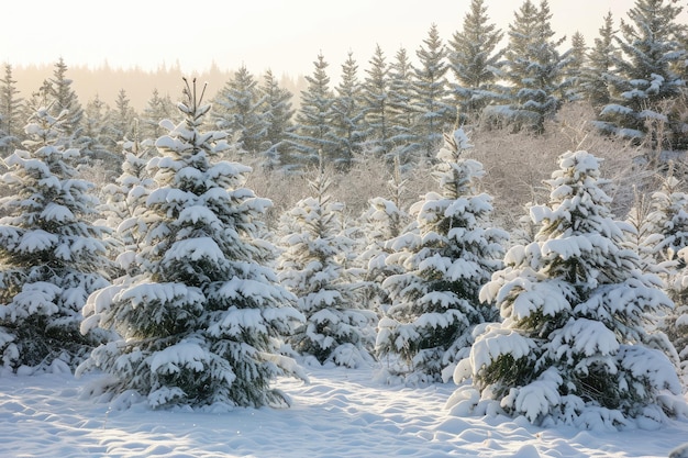 Vers gevallen sneeuw op groenblijvende bomen in een winterwonderland Een serene winterscène waar immergroene bomen zijn versierd met vers gevallen sneeuwen