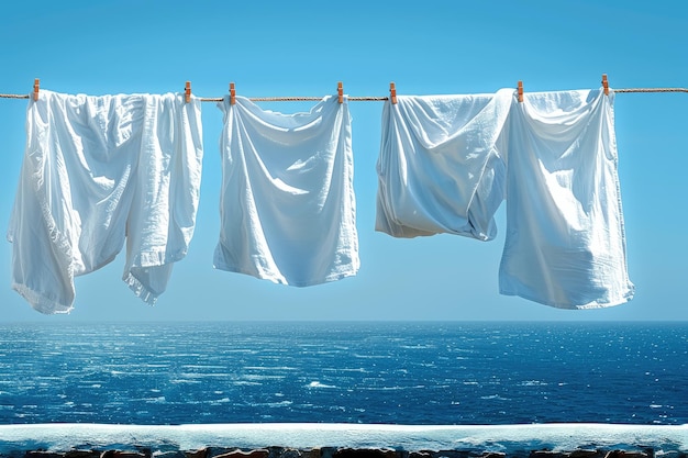 Vers gewassen kleren hangen op het balkon met een heldere blauwe lucht professionele fotografie