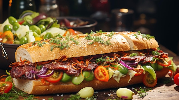 Vers gourmetbroodje met vlees en groenten.