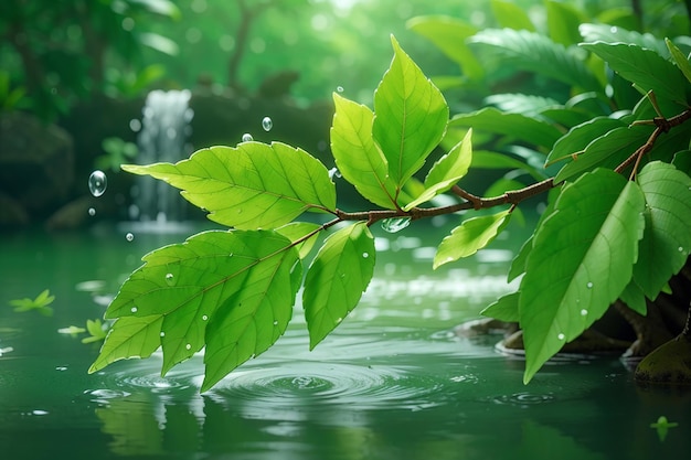 Vers groen blad op nat tak verfrissend water