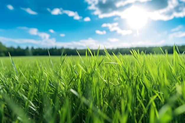 Vers groen gras in een hooiveld met een blauwe lucht op de achtergrond Generatieve AI