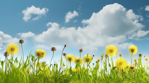 Vers jong gras met gele paardebloemen