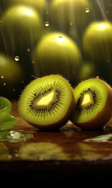 Vers kiwifruit dat in studio achtergrondrestaurant en tuinachtergrond vliegt