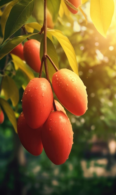 Vers mangofruit dat in studio achtergrondrestaurant en tuinachtergrond vliegt