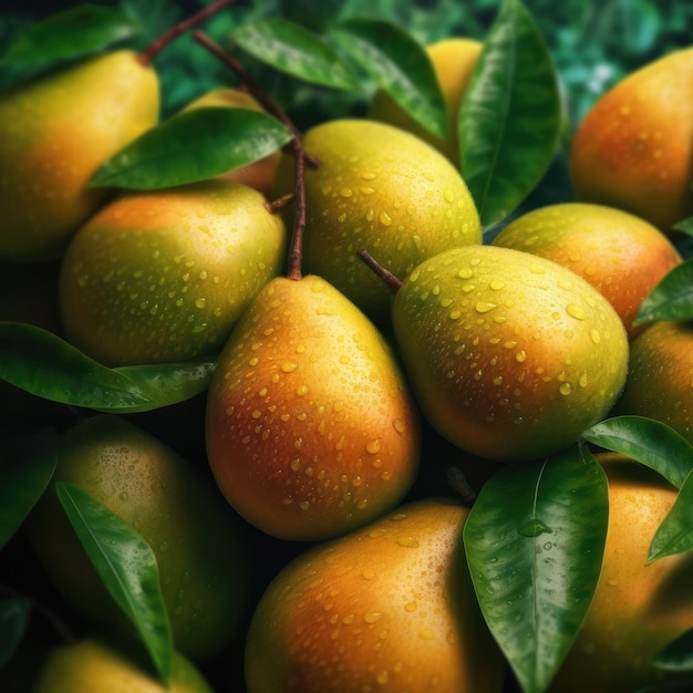 Vers mangofruit dat in studio achtergrondrestaurant en tuinachtergrond vliegt